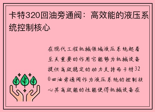 卡特320回油旁通阀：高效能的液压系统控制核心