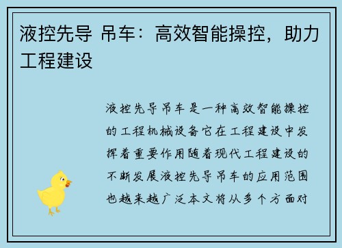 液控先导 吊车：高效智能操控，助力工程建设