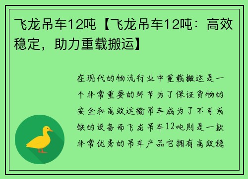 飞龙吊车12吨【飞龙吊车12吨：高效稳定，助力重载搬运】